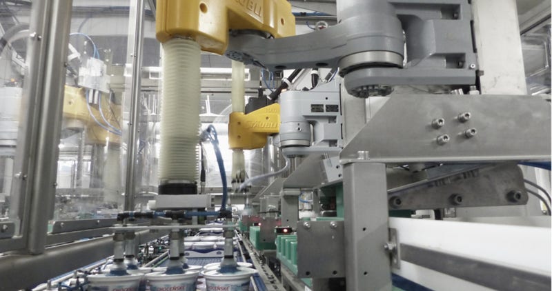 Four TS60 SCARA robots for packaging palletizing of yogurts application