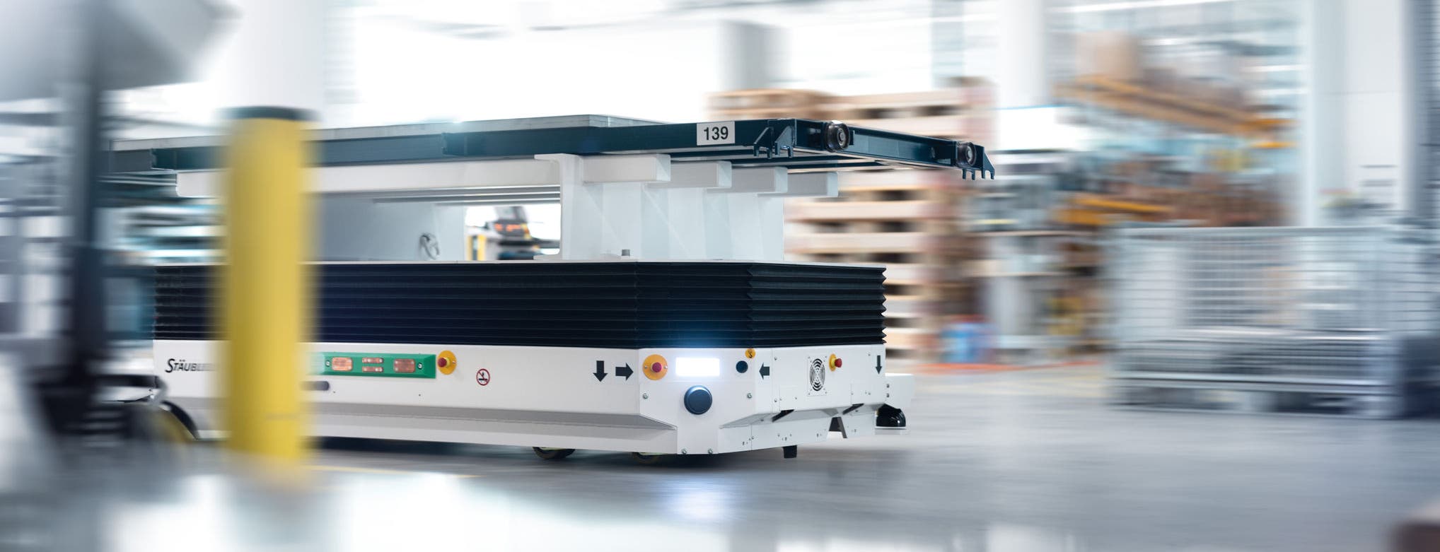 Mobile robotics application at customer V-Zug in Switzerland. PF6 is transporting metal sheets to supply a Trumpf machine. 