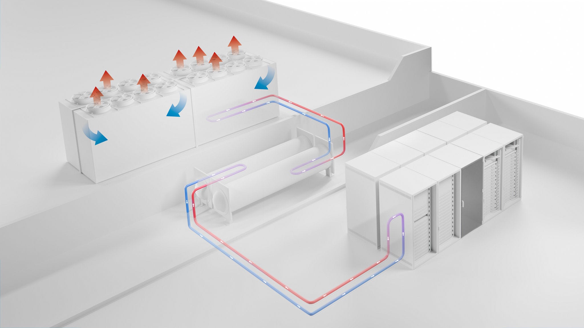 3D model of data center cooling system with airflow paths