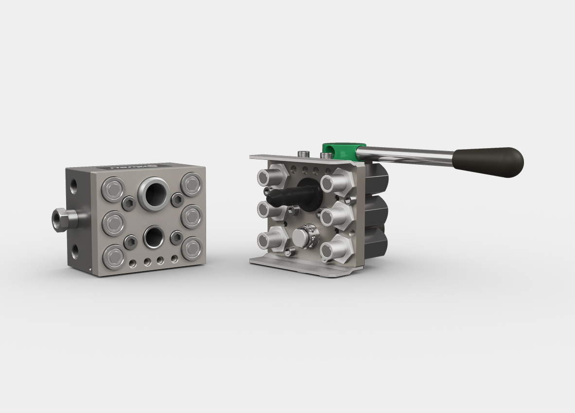 High-pressure hydraulic multicoupling system with multiple ports and a lever handle for efficient fluid transfer in industrial applications