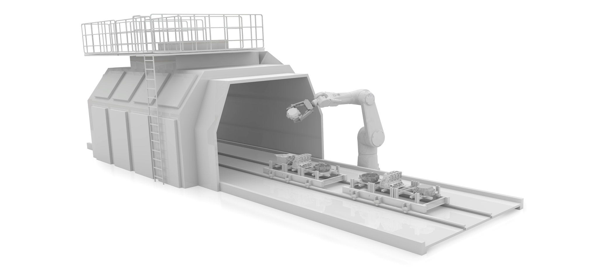 3D model of an industrial robotic arm operating within a foundry setting, working on a conveyor system alongside casting components, illustrating automation in manufacturing processes.