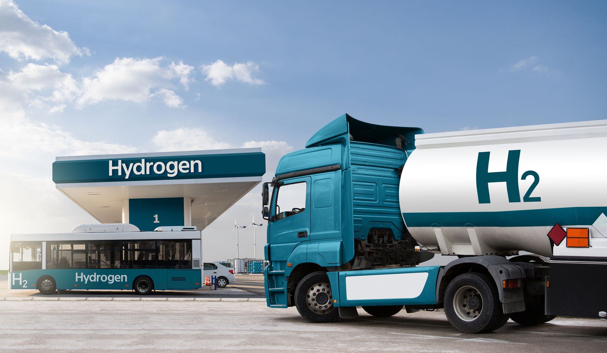 Truck with hydrogen fuel tank trailer on a background of H2 filling station. Concept
